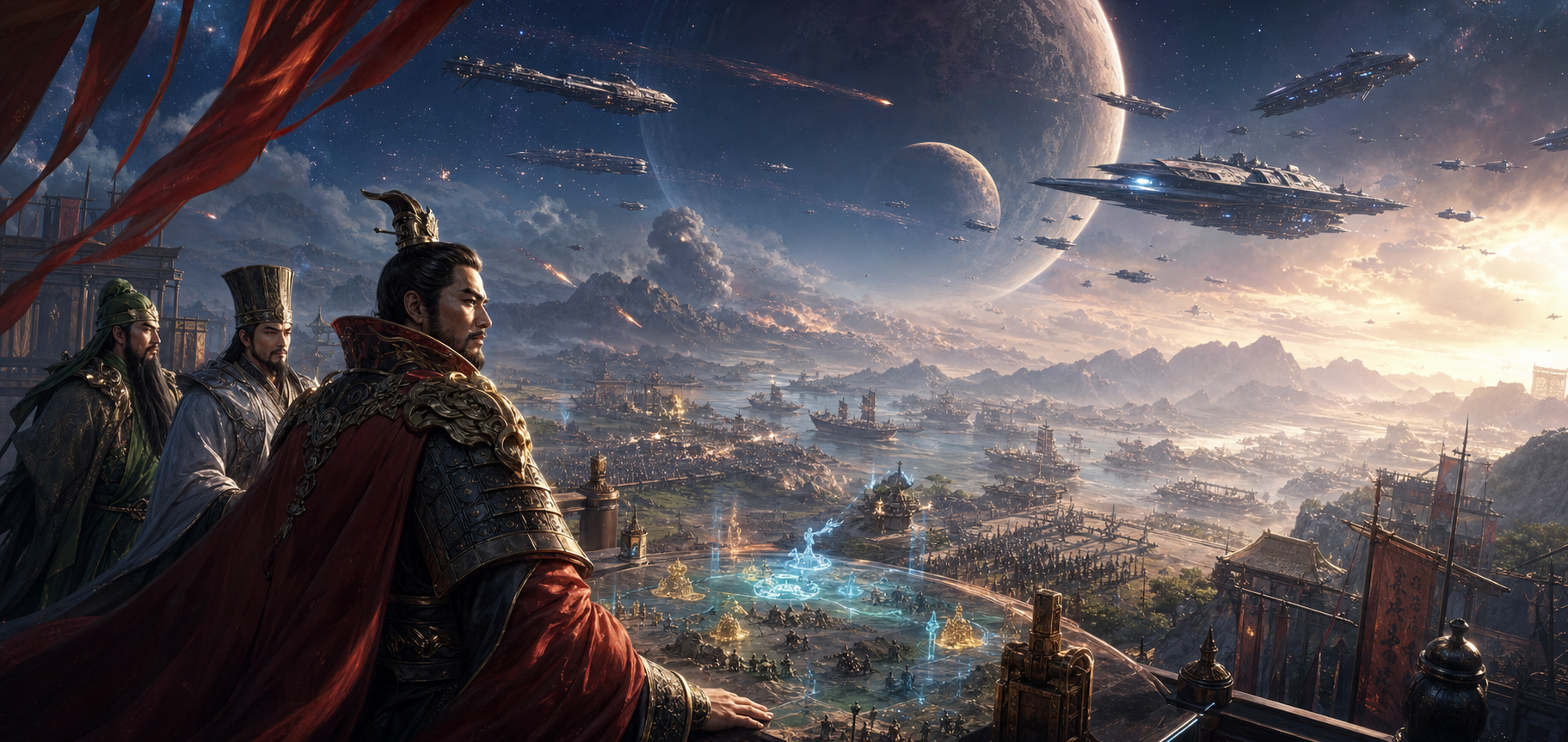 Cinematic mobile game artwork with space and strategy themes